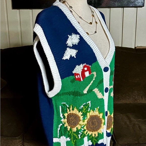 P’ Galli Designs~Blue/Green Medium Vest W/Sunflower & Barn Scene Embroidery (New - Picture 9 of 14